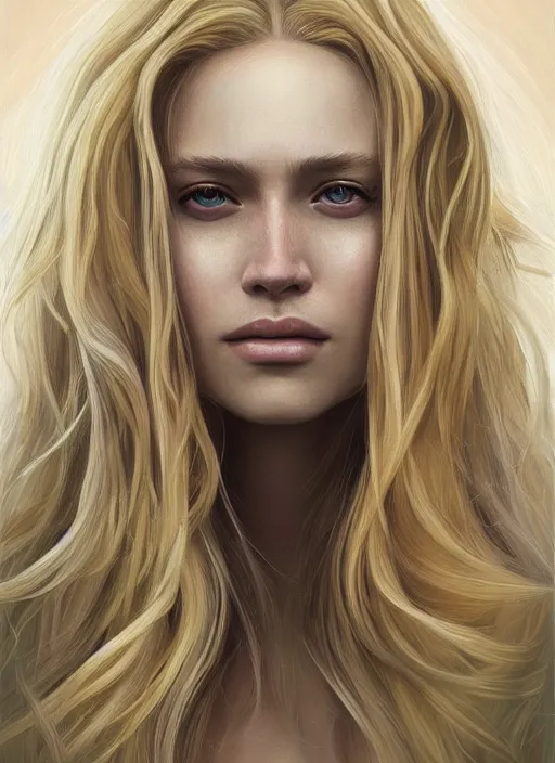 Image similar to a painting of a woman with long blonde hair, a photorealistic painting by magali villeneuve, featured on cgsociety, fantasy art, detailed painting, photorealistic