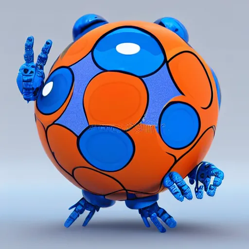 Image similar to ugly decomposing stupid complex sphere blue and orange robot with arms and legs and big eyes, 3d render