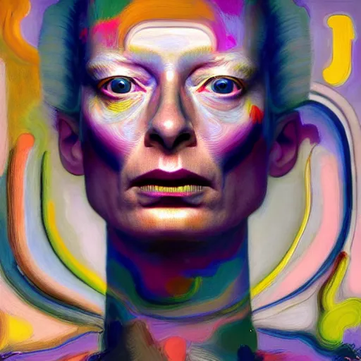 Image similar to a realistic octane render physically based rendering chrome neon tilda swinton, trending on artstation, by archan nair and marlene dumas, intricate details, gilded, in the style of frank auerbach, in the style of martin ansin, in the style of david aja, by kandinsky