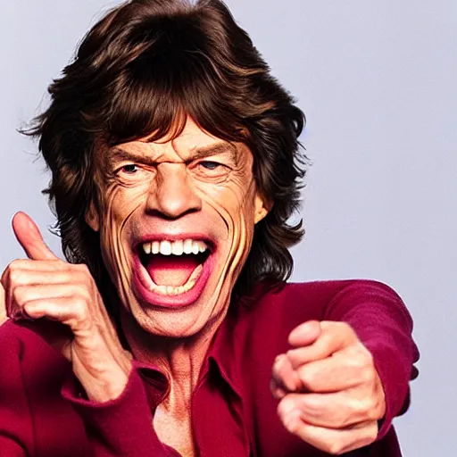 Prompt: mick jagger laughing angrily at the camera