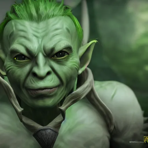Image similar to medium portrait of a handsome goblin, green skin, ffxiv, final fantasy 1 4 screenshot, octane render, 8 k, fantasy, rule of thirds, sharp focus