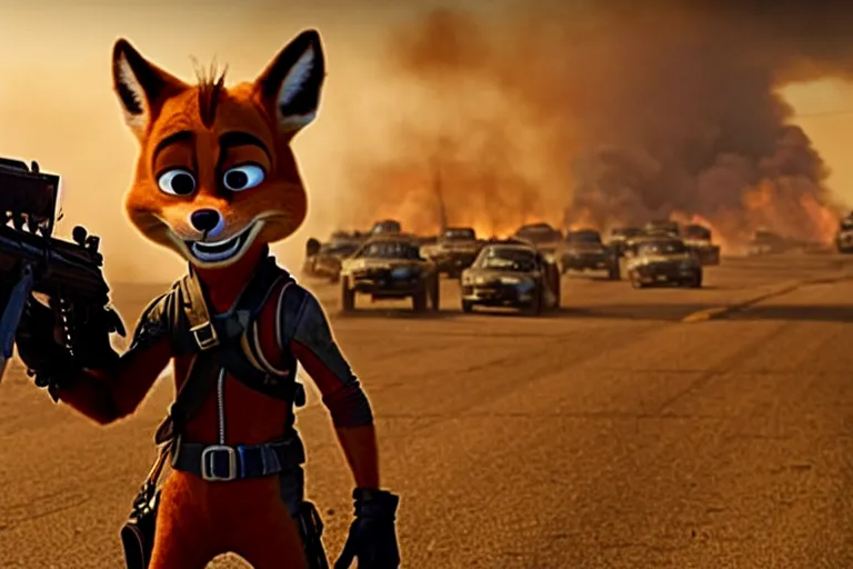 Image similar to nick wilde, heavily armed and armored facing down armageddon in a dark and gritty reboot from the makers of mad max : fury road : witness me