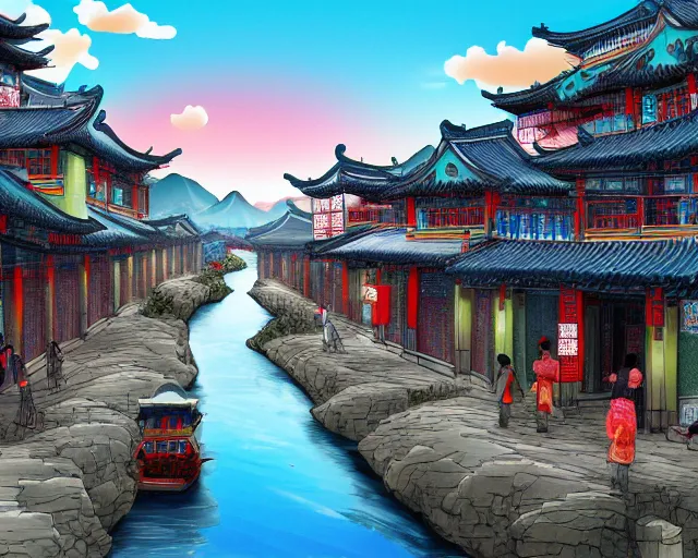 Image similar to artstation a graphic design of a little chinese town ， main road ， river