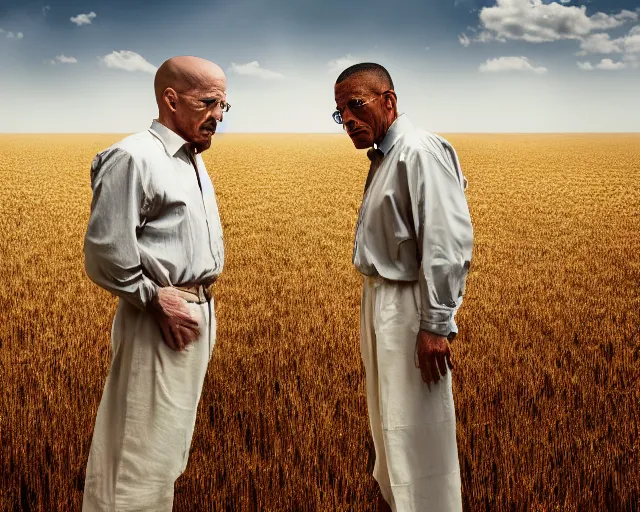 Prompt: extreme long shot of walter white and gustavo fring stand facing each other from a distance in a wheat field, side view, 3 5 mm photograph, 8 k resolution, wide shot, sharp lens