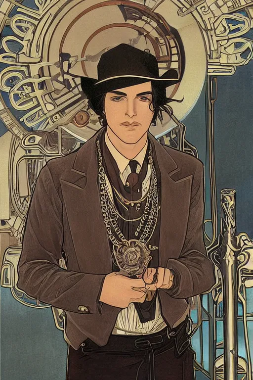 Prompt: a dramatic ethereal epic symmetrical painting of a handsome villainous cowboy standing in front of railroad tracks with a train locomotive | his shirt is unbuttoned and he has a pocketwatch | tarot card, art deco, art nouveau, ( steampunk ), homoerotic, realistic | by gengoroh tagame and ( ( ( ( alphonse mucha ) ) ) | trending on artstation