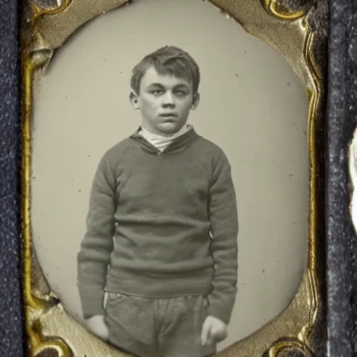 Image similar to tintype photo of a scared boy in bed, a claw is reached out from under the bed