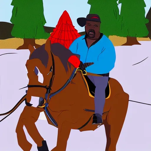 Image similar to shaq riding a horse in a scene of south park