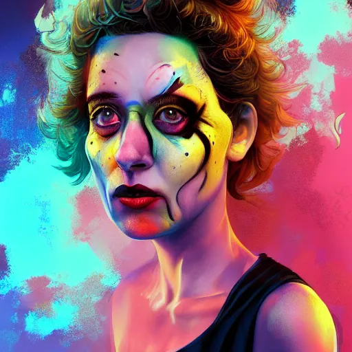 Image similar to hyperdetailed portrait of kristen schaal as delirium of the endless, colourful make up, the sandman, made by caravaggio stanley artgerm lau wlop rossdraws artstation cgsociety concept art cgsociety octane render