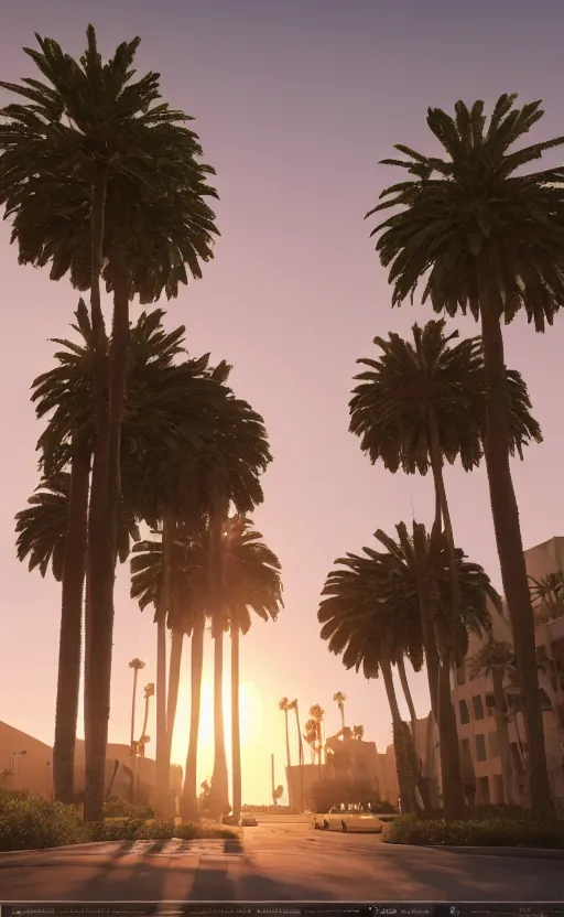 Image similar to a unreal engine scene, los angeles, palms, sunset, concept art, hyperrealistic, trending on artstation, high quality, highly detailed, path traced, soft lighting, soft colors, digital art, 8 k hdr, octane render, unreal engine 5,