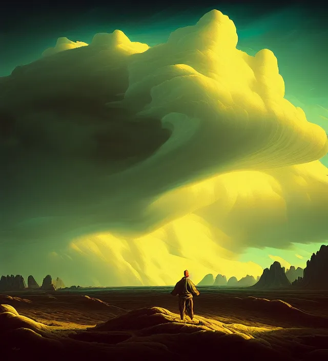 Image similar to a 🌊 swirling in the sky above a barren 🏜 by ivan shishkin and zacharias aagaard and simon stalenhag and dan mumford, chiaroscuro, tonalism, sfumato, high saturation, retrowave