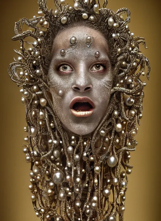 Image similar to hyperrealism, detailed textures, award winning autochrome photo, symetrical africanpearl old screaming medusa queen autochrome pearl portrait, pearl silverplate, intricate, detailed facial pearl scary animal mask, pearl, golden jewelery, silverplate, ultra realistic, cinematic, intricate, cinematic light by steve mccurry, unreal engine 8 k