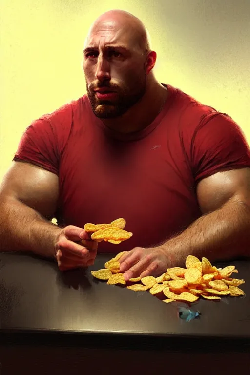 Prompt: close up portrait of the big guy ryback in a red t - shirt eating potato chips from a bag while sitting at a desk, looking at camera, intense, focused, portrait dnd, painting by gaston bussiere, craig mullins, greg rutkowski