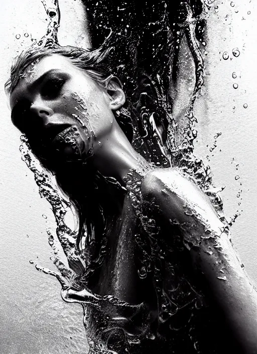 Prompt: sensual wet fashion model in soda water, in the style of irakli nadar, liquid metal top, effervescent, warm, dark, brooding, poster art, high detail, hyperrealistic watercolor, deep mood, hyperrealism, 3 d, epic and cinematic, roger deakins on cinematography