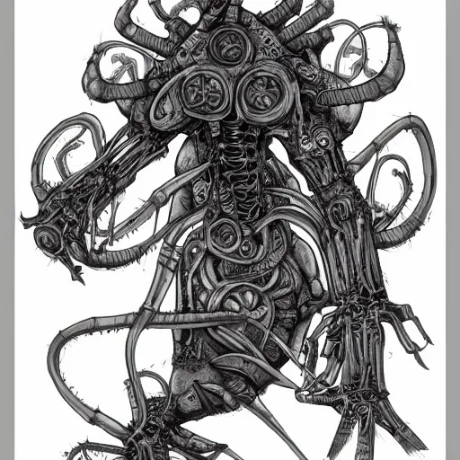 Image similar to disgusting repugnant pestilent bio - mechanical abomination in the style of keith thompson, lineart, character concept