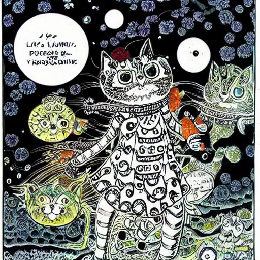 Image similar to A collaboration manga between Louis Wain and Junji Ito