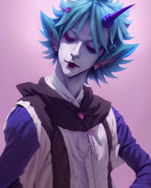 Image similar to extremely attractive soft feminine male as a jester anime character screenshot, nagito komaeda and hisoka jester, anime feminine male fool, intricate, sharp focus, illustration, highly detailed, digital painting, cell shaded, concept art, matte, art by ilya kuvshinov and kyoto animation and wlop, ruan jia, greg rutkowski, studio quality