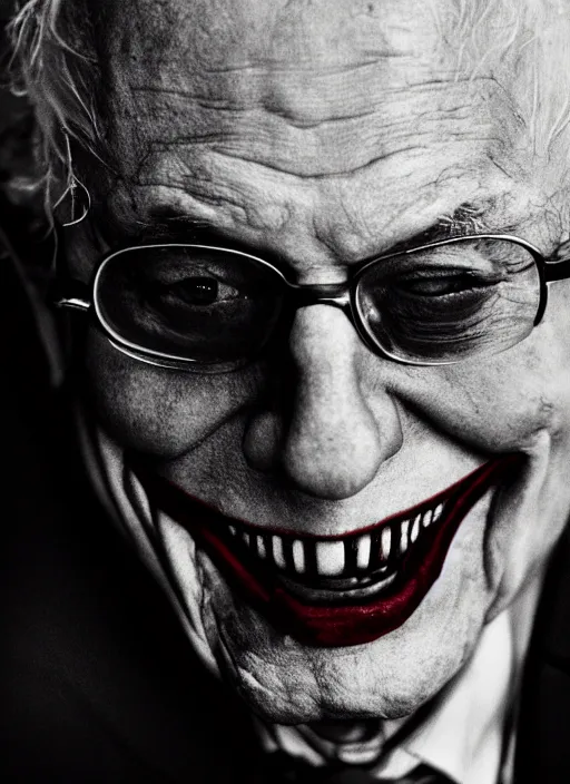 Prompt: photo of Bernie Sanders as the Joker by Lee Jeffries , big smile, head shot, detailed, award winning, Sony a7R, trending on artstation