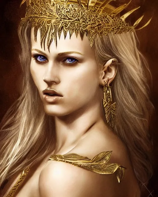 Image similar to tattoo sketch of hot blonde super model as aphrodite greek goddess wearing a gold laurel wreath and triangle earrings, beautiful piercing gaze with sharp pupils, in the style of greg rutkowski, fantasy, amazing detail, epic, elegant, smooth, sharp focus, front view