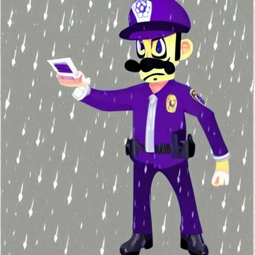 Image similar to Waluigi as a police officer pulling you over during the rain storm. Digital Art, Wario-cop partner is staring at you, sinister lighting