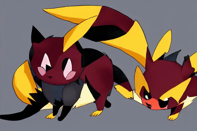 Prompt: zorua the black and maroon colored fox - like pokemon playing with a pikachu, pokemon, super detailed, clean lines, digital art