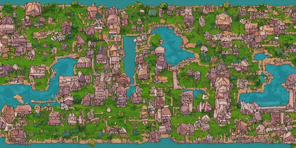 Prompt: a high detailed village vector art presenting an aerial view of a cartoonish rpg village by dungeondraft, dofus, patreon content, containing tables and walls, hd, straight lines, vector, grid, dnd map, map patreon, fantasy maps, foundry vtt, fantasy grounds, aerial view, dungeondraft, tabletop, inkarnate, dugeondraft, roll 2 0