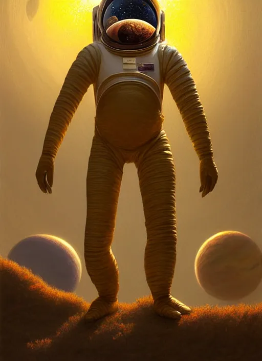 Image similar to extremely detailed, astronaut lush planet, full body, soft light, golden glow, diffuse lighting, fantasy, intricate, surrealism!!!!, highly detailed, lifelike, photorealistic, digital painting, artstation, illustration, concept art, smooth, sharp focus, by greg rutkowski, chris tulloch mccabe, valentina remenar and asher duran,