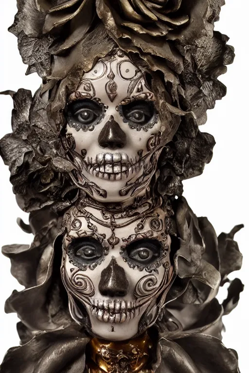 Image similar to full view of an intricate and detailed La Catrina statue made on polished bronze with scars sculpted by Bernini and Nicola Samori, style of Maxfield Parrish and Bastien Lecouffe-Deharme, ultra realistic, volumetric light