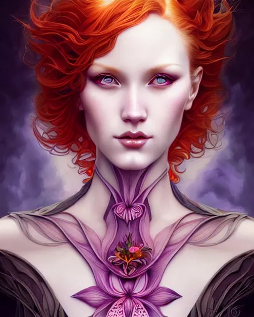 Prompt: Beautiful, evil and playful ethereal ginger portrait, art nouveau, fantasy, intricate flower designs, elegant, highly detailed, sharp focus, art by Artgerm and Alex Ross and WLOP