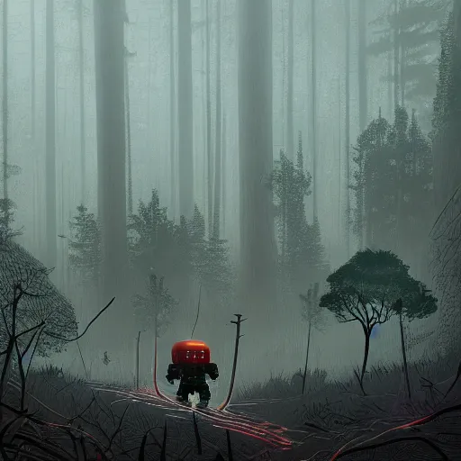 Prompt: simon stalenhag, bionicle, forest, foggy, horror