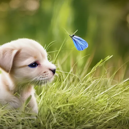 Prompt: cute hybrid between a puppy and a kitten playing with a butterfly in tall grass, highly detailed, shallow focus, canon eos 5d 50mm f1.4