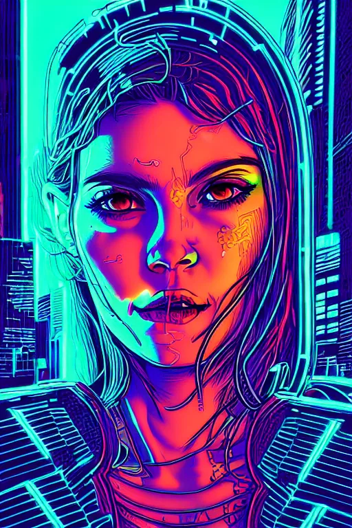 Image similar to dreamy cyberpunk girl portrait, neon wall on background, detailed acrylic, grunge, intricate complexity, by dan mumford and by jonathan solter