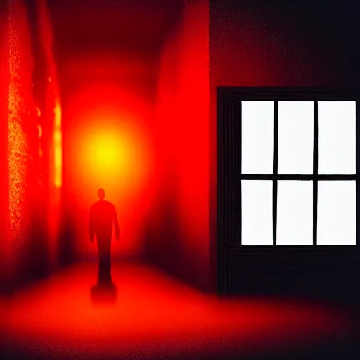 Image similar to Tension building scene someone coming out of pitch black darkness with hand grasping toward the camera, red light, horror movie, Movie Cinematography