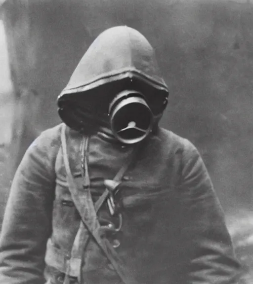 Prompt: a man wearing detailed hooded gas mask at distance, ww1 film photo, grainy, high detail, high resolution