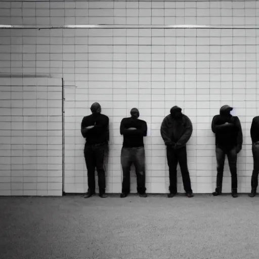 Prompt: suspects lineup in front of white wall facing the camera