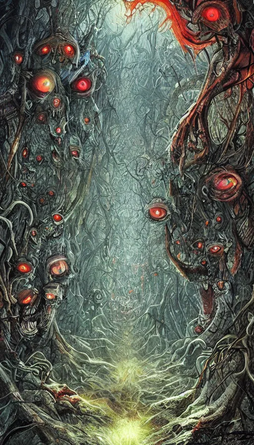 Image similar to a storm vortex made of many demonic eyes and teeth over a forest, by android jones,