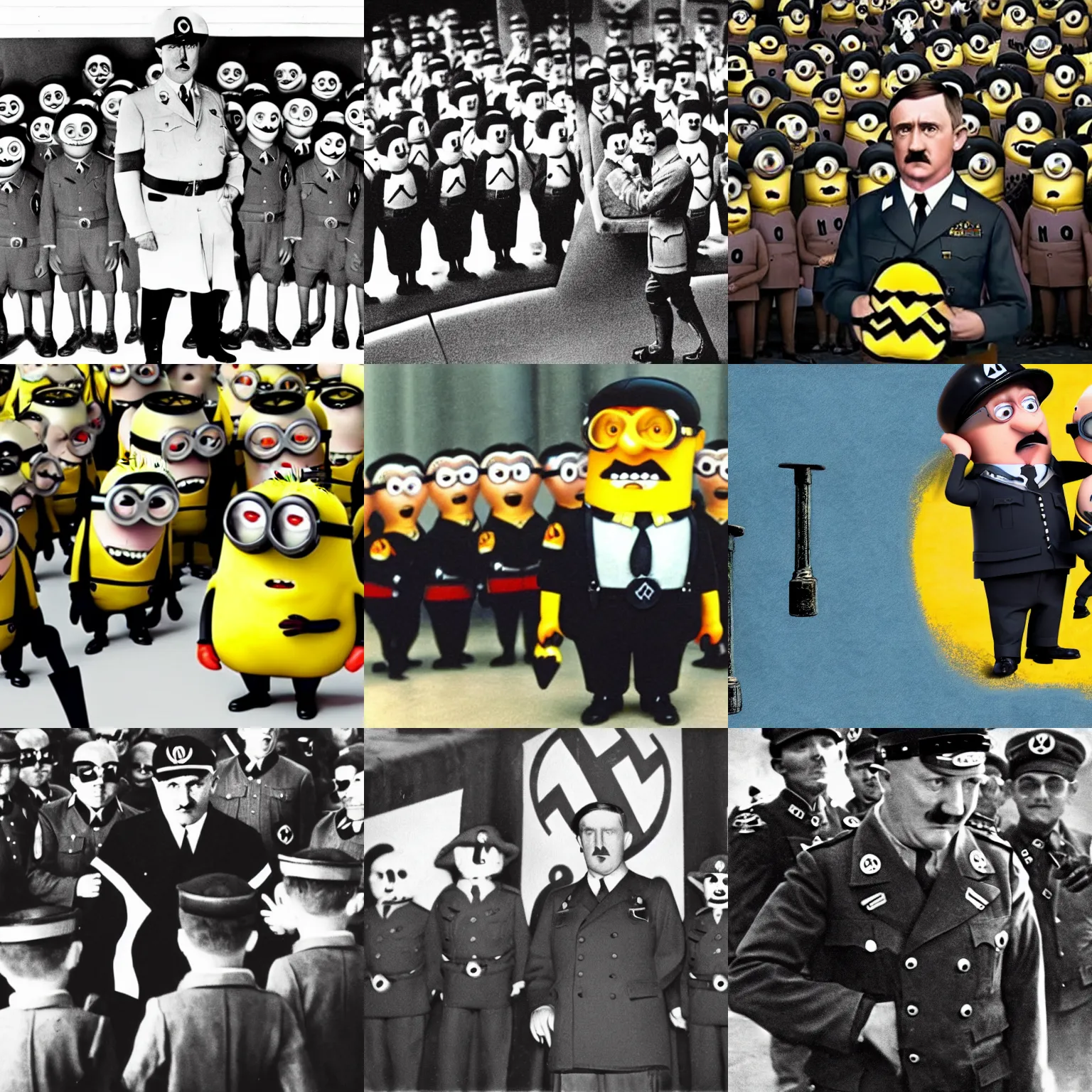 Prompt: photo of adolf hitler surrounded by minions from despicable me wearing nazi uniform, highly detailed, award winning