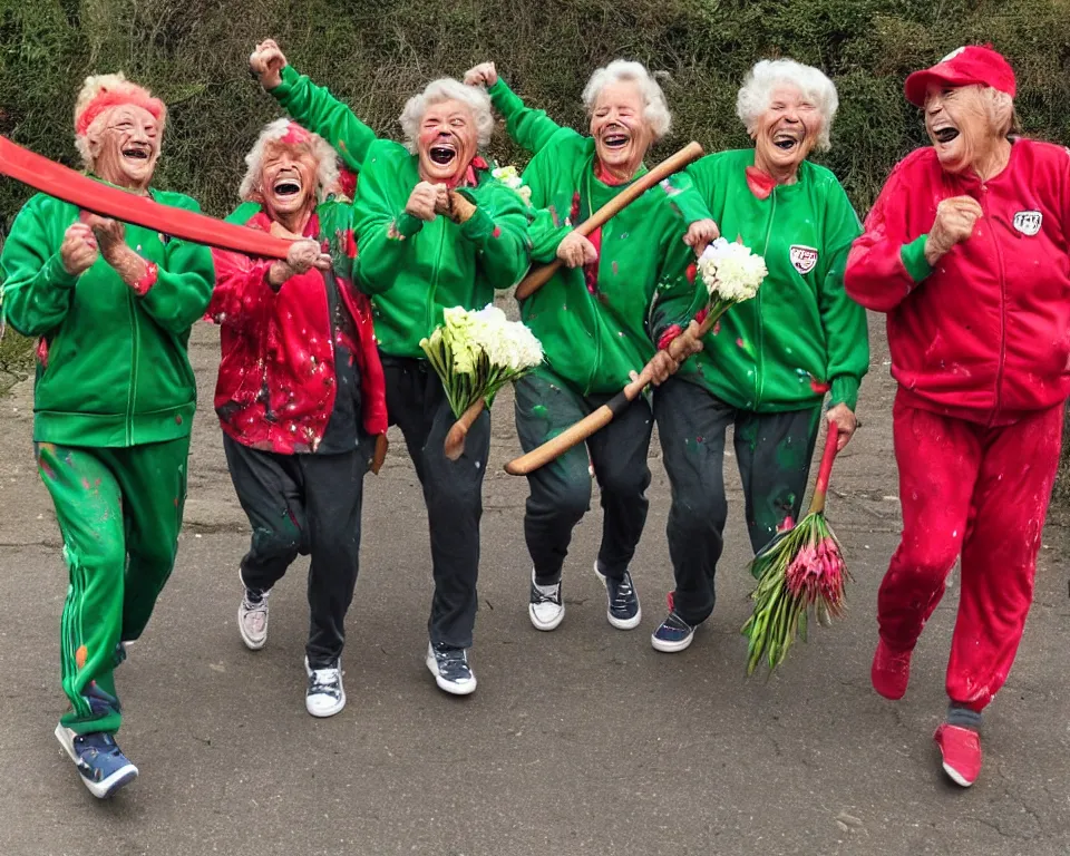 Image similar to a gang of old ladies waving machetes, and carrying flowers, and wearing green Umbro track suits and red splatters laughing maniacally and screaming