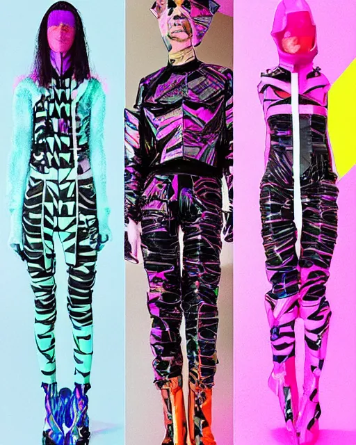 Prompt: a leaked screenshot of Balenciaga's fall 2049 collection, prismatic, dazzle camouflage!, dayglo pink, dayglo blue, Bladerunner, cyberpunk