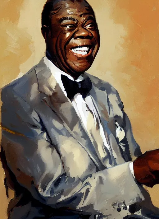 Prompt: a portrait of louis armstrong telling a joke, by greg manchess and john singer sargent and jonathan yeo, dramatic lighting, highly detailed digital painting