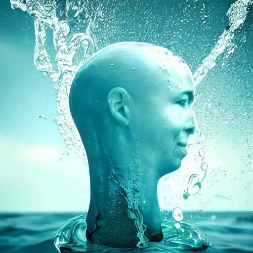 Image similar to water art manipulation in the shape of a human head in a bottle shape, on the ocean water, futuristic, glowing, hyper realistic, ray tracing, realistic water splashes, sharp focus, long shot, 8 k resolution, cinematic, photoshop water art