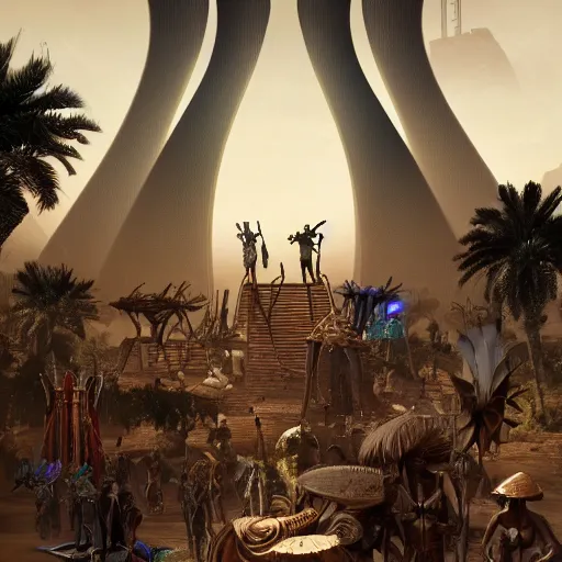 Image similar to an african tribe waiting for a steampunk spaceship at the stargates of futuristic heaven, by greg rutkowski and jim burns and android jones, Trending on artstation, hyperrealism, elegant, stylized, highly detailed, digital art, 8k resolution, hd, global illumination, radiant light, detailed and intricate cyberpunk ghetto environment, rendered in octane, post processed.