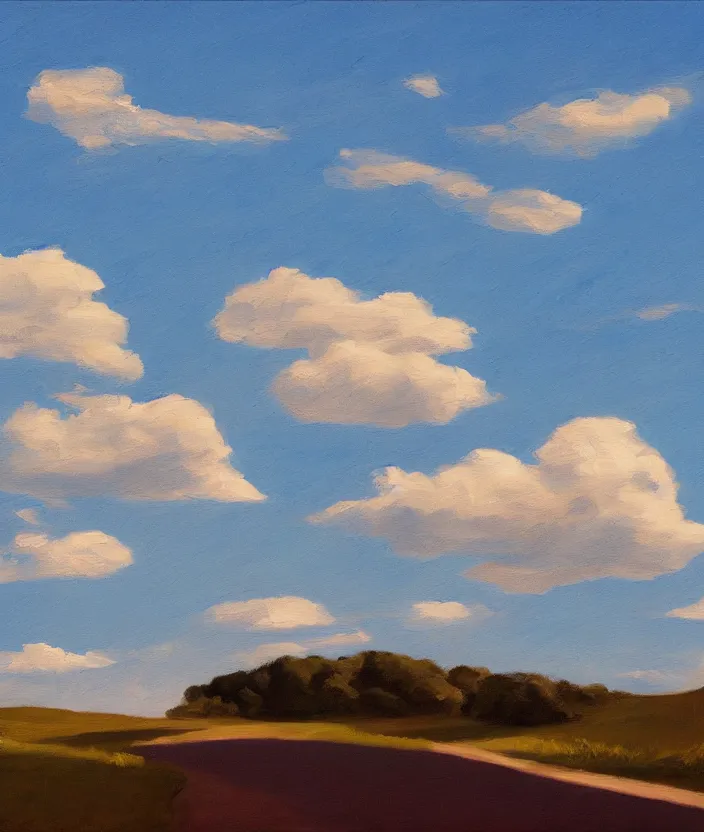 Image similar to baby blue sky with aesthetic clouds, in the style of edward hopper, very fine brushstrokes, 4 k,