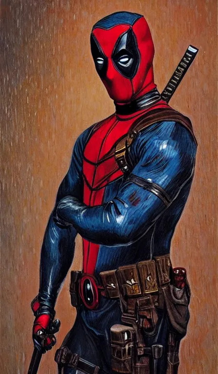 Prompt: oil painting of victorian deadpool created by james jean, vincent van gogh, michaelangelo, fantasy, portrait, highly detailed, large brush strokes