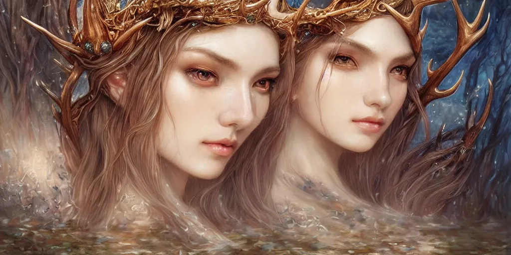 Image similar to a portrait of a group of female elf sorceress with antlers bathing in a lake by karol bak and jia ruan, beautiful detailed eyes, cute, fantasy, intricate, elegant, highly detailed, digital painting, 4 k, hdr, concept art, detailed jewelry, smooth, sharp focus, illustration, art by artgerm