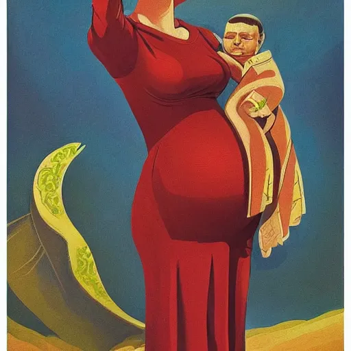 Prompt: a detailed and complex, highly detailed, concept art, soviet propaganda poster depicting a pregnant woman. painting by irakli toidze,