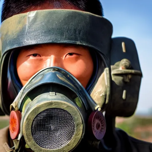 Image similar to 8 k uhd portrait from asian guy wear gas mask in 1 9 4 5, uhd details, national geography winning photo contest