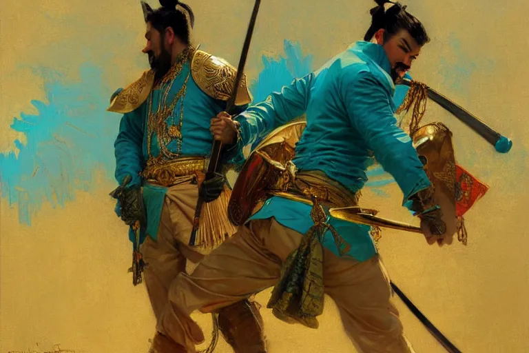 Image similar to turquoise samurai painting by gaston bussiere, craig mullins, j. c. leyendecker, tom of finland,