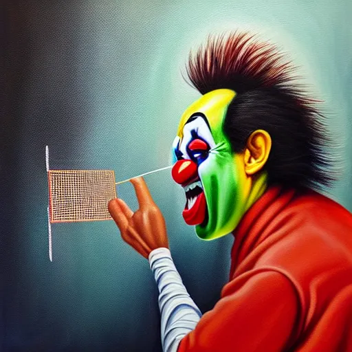 Image similar to hyperrealism painting from the housefly perspective getting swatted at from an angry and sick clown man with a fly swatter in the kitchen