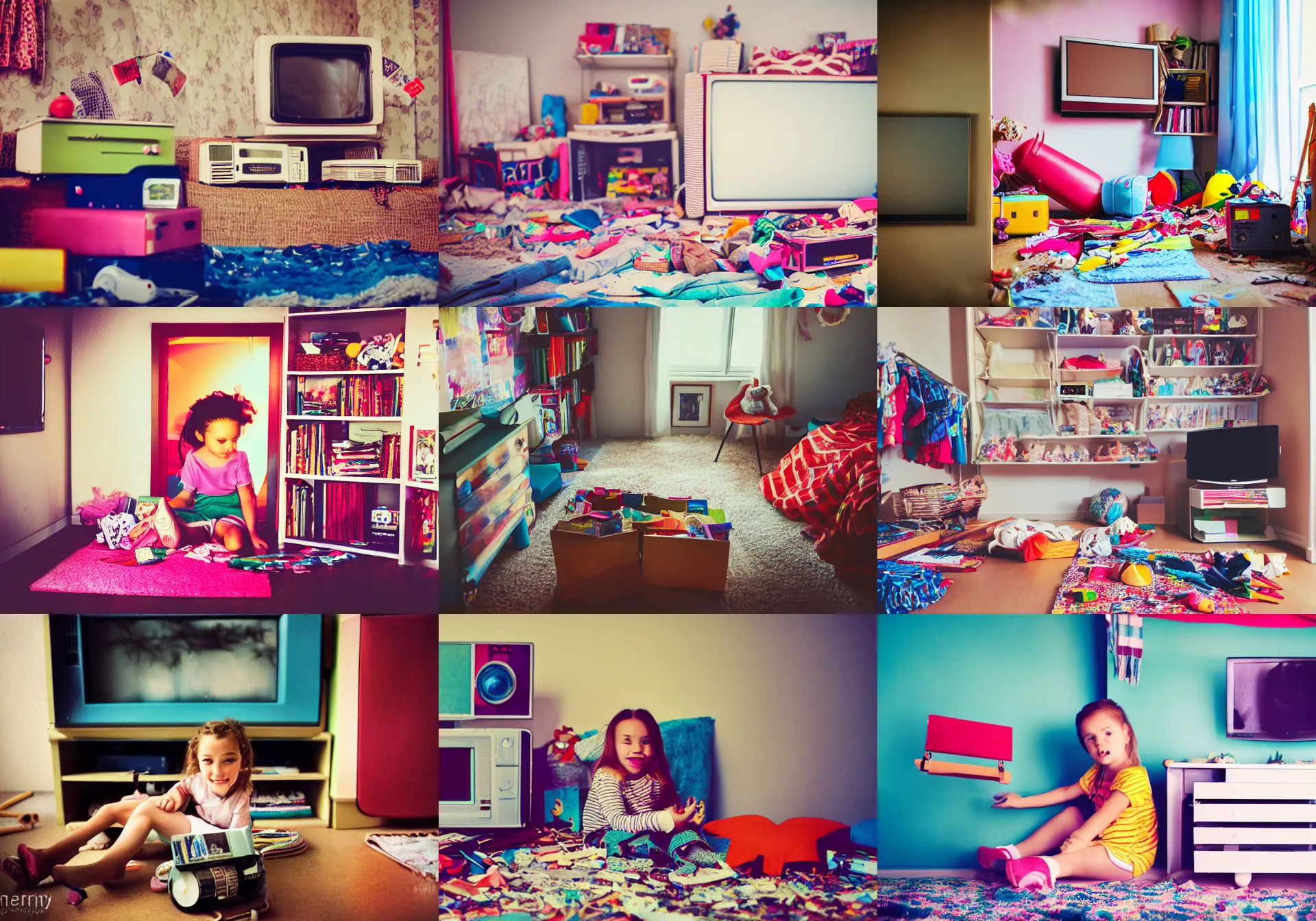 Prompt: home photography portrait, young daughter's room, tv, clothes, toy, closet,, cardboards ; mess, summer, Color VHS picture quality with mixed noise