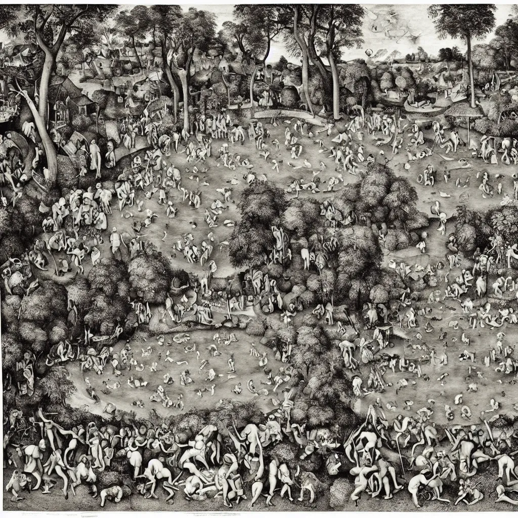 Prompt: garden of eden fountain highly detailed print by pieter bruegel